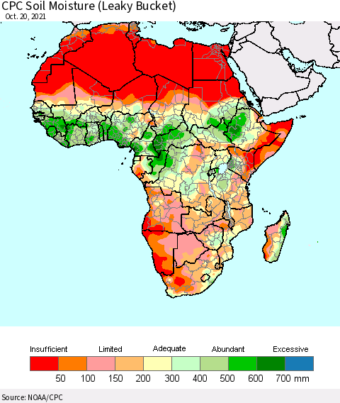 Africa CPC Calculated Soil Moisture (Leaky Bucket) Thematic Map For 10/16/2021 - 10/20/2021