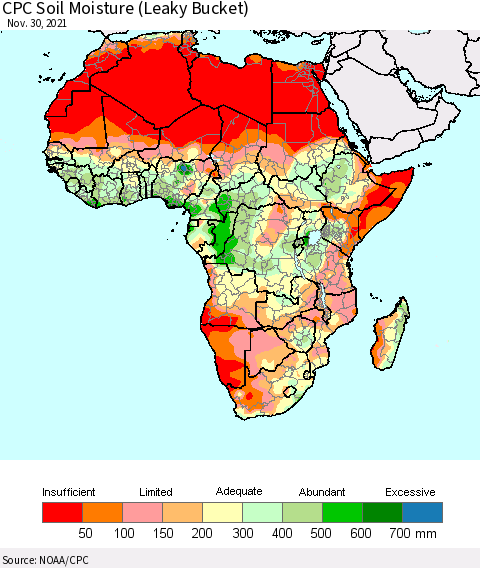 Africa CPC Calculated Soil Moisture (Leaky Bucket) Thematic Map For 11/26/2021 - 11/30/2021