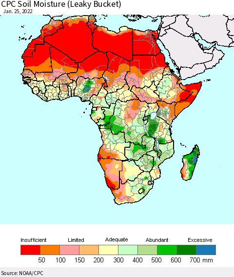 Africa CPC Soil Moisture (Leaky Bucket) Thematic Map For 1/21/2022 - 1/25/2022