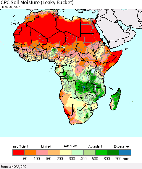 Africa CPC Calculated Soil Moisture (Leaky Bucket) Thematic Map For 3/16/2022 - 3/20/2022