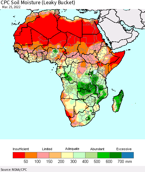Africa CPC Calculated Soil Moisture (Leaky Bucket) Thematic Map For 3/21/2022 - 3/25/2022