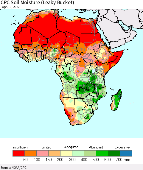 Africa CPC Calculated Soil Moisture (Leaky Bucket) Thematic Map For 4/6/2022 - 4/10/2022