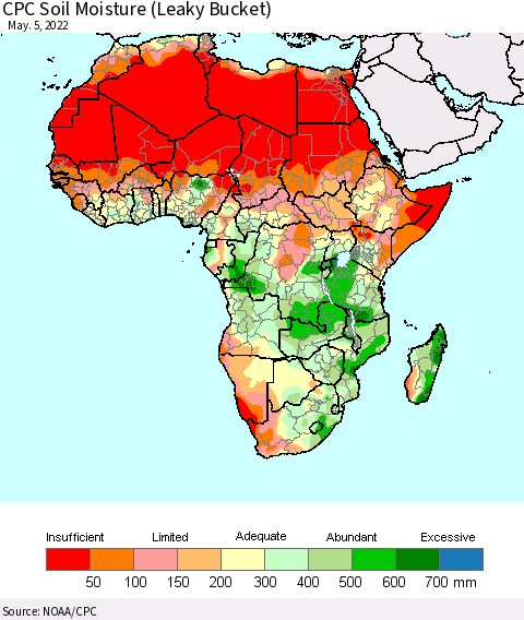 Africa CPC Calculated Soil Moisture (Leaky Bucket) Thematic Map For 5/1/2022 - 5/5/2022