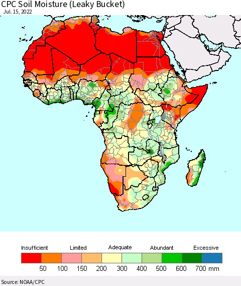 Africa CPC Calculated Soil Moisture (Leaky Bucket) Thematic Map For 7/11/2022 - 7/15/2022