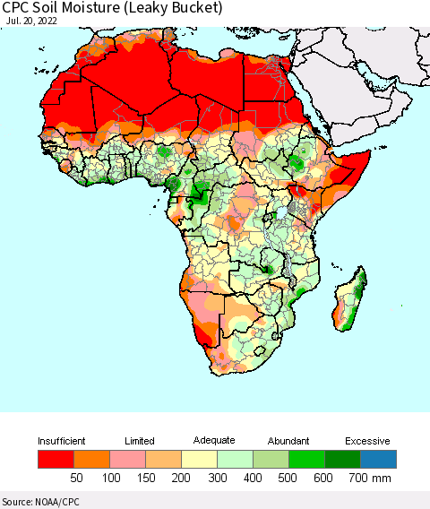 Africa CPC Calculated Soil Moisture (Leaky Bucket) Thematic Map For 7/16/2022 - 7/20/2022