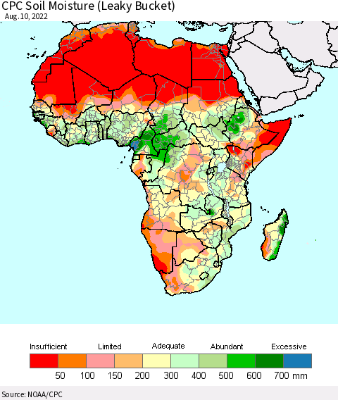 Africa CPC Calculated Soil Moisture (Leaky Bucket) Thematic Map For 8/6/2022 - 8/10/2022