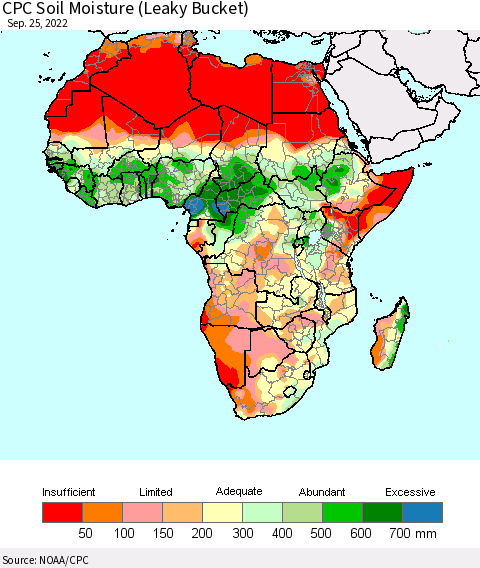 Africa CPC Calculated Soil Moisture (Leaky Bucket) Thematic Map For 9/21/2022 - 9/25/2022