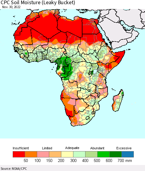Africa CPC Calculated Soil Moisture (Leaky Bucket) Thematic Map For 11/26/2022 - 11/30/2022