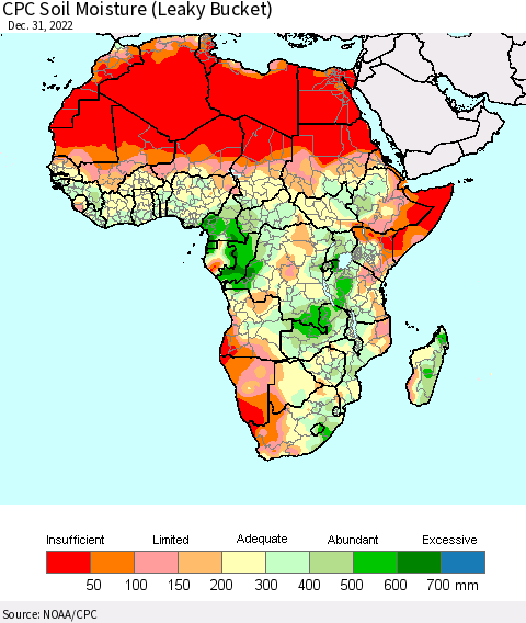 Africa CPC Calculated Soil Moisture (Leaky Bucket) Thematic Map For 12/26/2022 - 12/31/2022