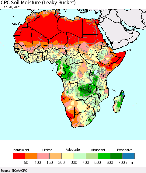 Africa CPC Calculated Soil Moisture (Leaky Bucket) Thematic Map For 1/16/2023 - 1/20/2023