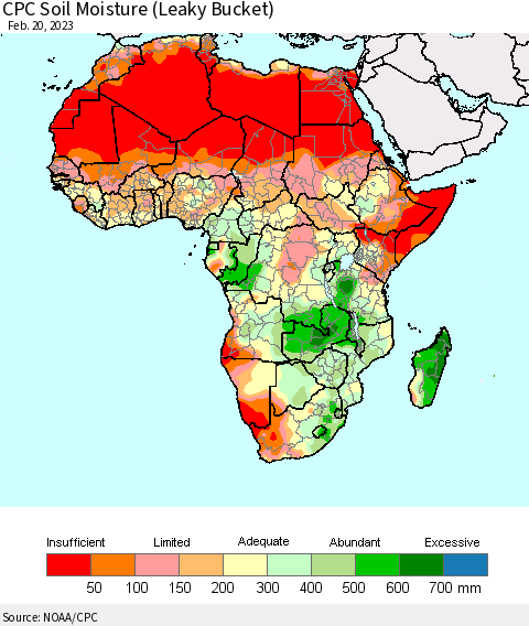 Africa CPC Calculated Soil Moisture (Leaky Bucket) Thematic Map For 2/16/2023 - 2/20/2023