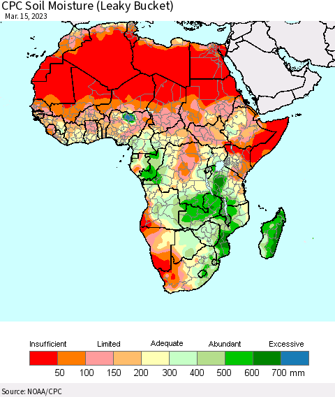 Africa CPC Calculated Soil Moisture (Leaky Bucket) Thematic Map For 3/11/2023 - 3/15/2023