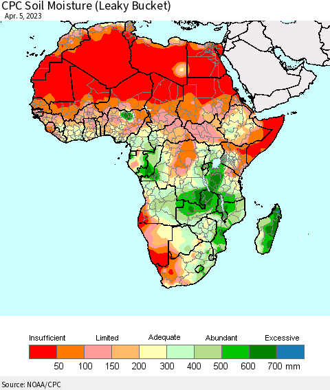 Africa CPC Calculated Soil Moisture (Leaky Bucket) Thematic Map For 4/1/2023 - 4/5/2023