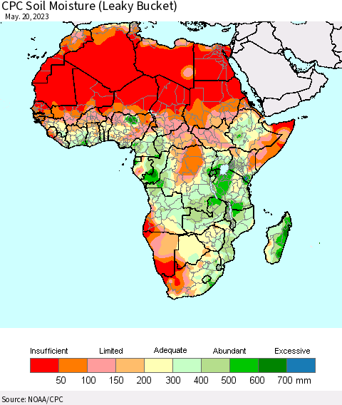 Africa CPC Calculated Soil Moisture (Leaky Bucket) Thematic Map For 5/16/2023 - 5/20/2023