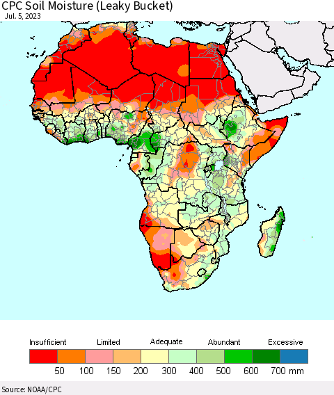 Africa CPC Soil Moisture (Leaky Bucket) Thematic Map For 7/1/2023 - 7/5/2023