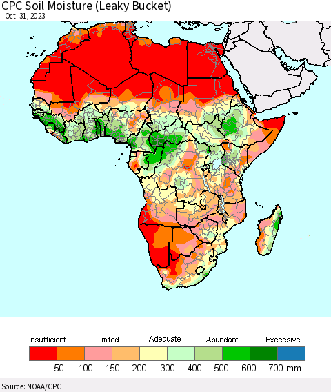 Africa CPC Soil Moisture (Leaky Bucket) Thematic Map For 10/26/2023 - 10/31/2023