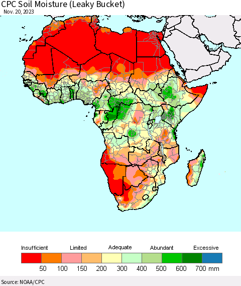 Africa CPC Soil Moisture (Leaky Bucket) Thematic Map For 11/16/2023 - 11/20/2023