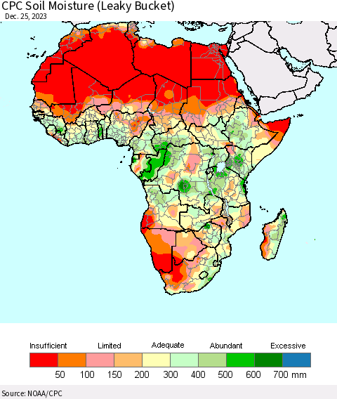 Africa CPC Soil Moisture (Leaky Bucket) Thematic Map For 12/21/2023 - 12/25/2023