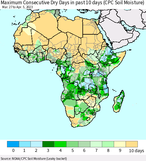 Africa Maximum Consecutive Dry Days in past 10 days (CPC Soil Moisture) Thematic Map For 4/1/2023 - 4/5/2023