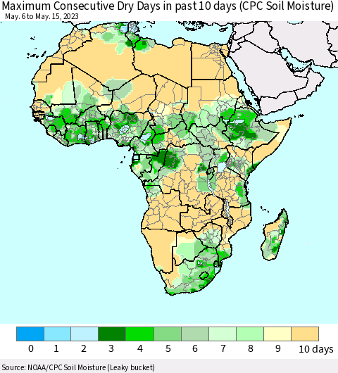 Africa Maximum Consecutive Dry Days in past 10 days (CPC Soil Moisture) Thematic Map For 5/11/2023 - 5/15/2023