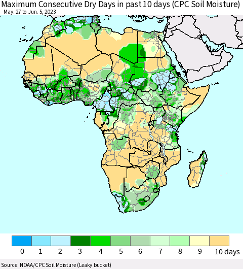 Africa Maximum Consecutive Dry Days in past 10 days (CPC Soil Moisture) Thematic Map For 6/1/2023 - 6/5/2023