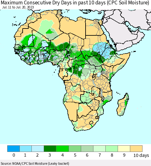 Africa Maximum Consecutive Dry Days in past 10 days (CPC Soil Moisture) Thematic Map For 7/16/2023 - 7/20/2023