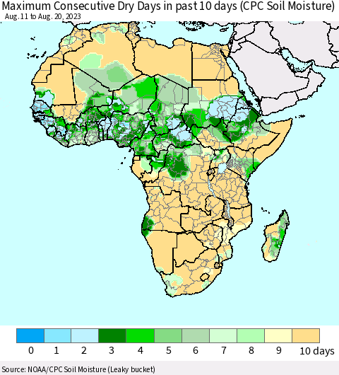 Africa Maximum Consecutive Dry Days in past 10 days (CPC Soil Moisture) Thematic Map For 8/16/2023 - 8/20/2023