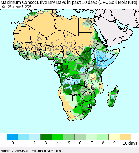 Africa Maximum Consecutive Dry Days in past 10 days (CPC Soil Moisture) Thematic Map For 11/1/2023 - 11/5/2023