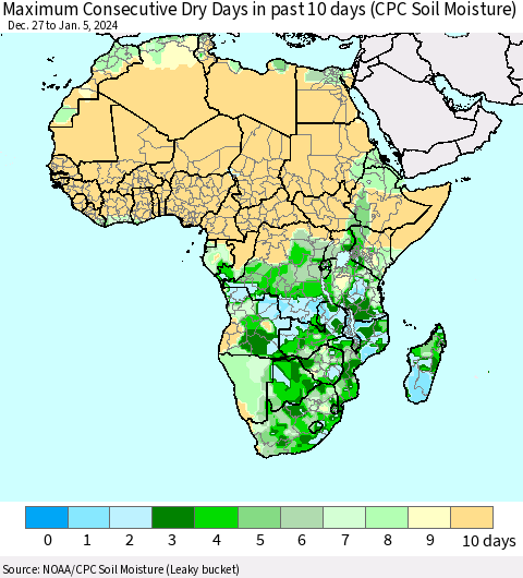 Africa Maximum Consecutive Dry Days in past 10 days (CPC Soil Moisture) Thematic Map For 1/1/2024 - 1/5/2024