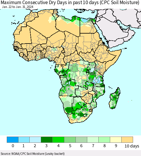 Africa Maximum Consecutive Dry Days in past 10 days (CPC Soil Moisture) Thematic Map For 1/26/2024 - 1/31/2024