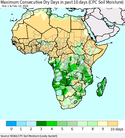 Africa Maximum Consecutive Dry Days in past 10 days (CPC Soil Moisture) Thematic Map For 2/6/2024 - 2/10/2024
