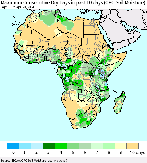 Africa Maximum Consecutive Dry Days in past 10 days (CPC Soil Moisture) Thematic Map For 4/16/2024 - 4/20/2024
