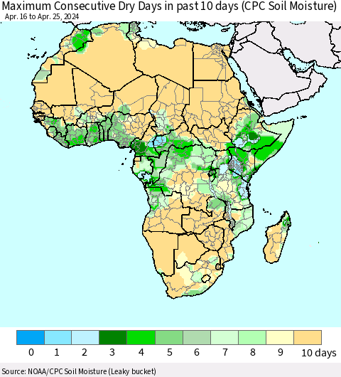 Africa Maximum Consecutive Dry Days in past 10 days (CPC Soil Moisture) Thematic Map For 4/21/2024 - 4/25/2024