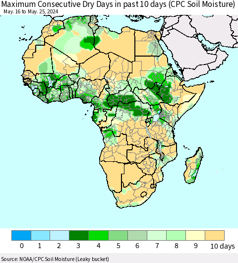Africa Maximum Consecutive Dry Days in past 10 days (CPC Soil Moisture) Thematic Map For 5/21/2024 - 5/25/2024
