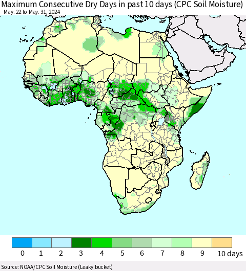 Africa Maximum Consecutive Dry Days in past 10 days (CPC Soil Moisture) Thematic Map For 5/26/2024 - 5/31/2024