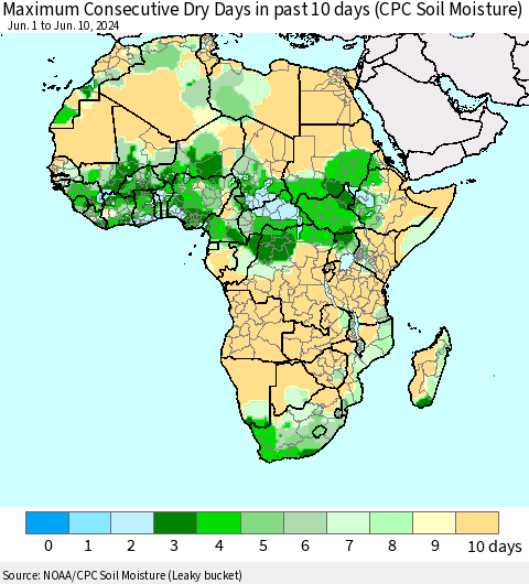Africa Maximum Consecutive Dry Days in past 10 days (CPC Soil Moisture) Thematic Map For 6/6/2024 - 6/10/2024