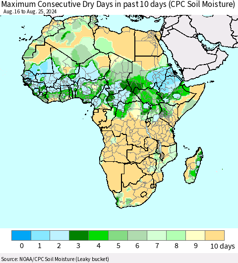 Africa Maximum Consecutive Dry Days in past 10 days (CPC Soil Moisture) Thematic Map For 8/21/2024 - 8/25/2024