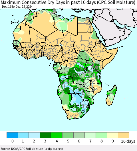 Africa Maximum Consecutive Dry Days in past 10 days (CPC Soil Moisture) Thematic Map For 12/21/2024 - 12/25/2024