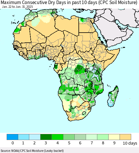 Africa Maximum Consecutive Dry Days in past 10 days (CPC Soil Moisture) Thematic Map For 1/26/2025 - 1/31/2025