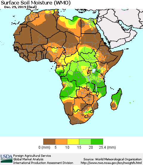 Africa Surface Soil Moisture (WMO) Thematic Map For 12/23/2019 - 12/29/2019