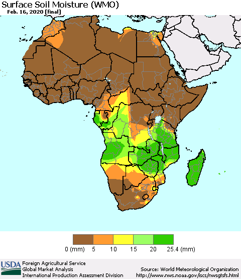 Africa Surface Soil Moisture (WMO) Thematic Map For 2/10/2020 - 2/16/2020