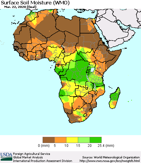Africa Surface Soil Moisture (WMO) Thematic Map For 3/16/2020 - 3/22/2020