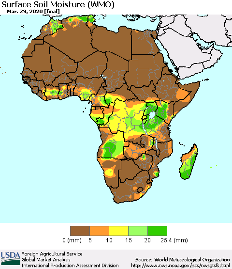Africa Surface Soil Moisture (WMO) Thematic Map For 3/23/2020 - 3/29/2020