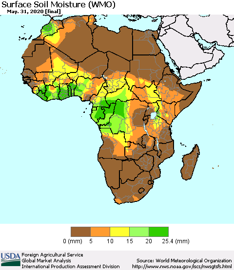 Africa Surface Soil Moisture (WMO) Thematic Map For 5/25/2020 - 5/31/2020