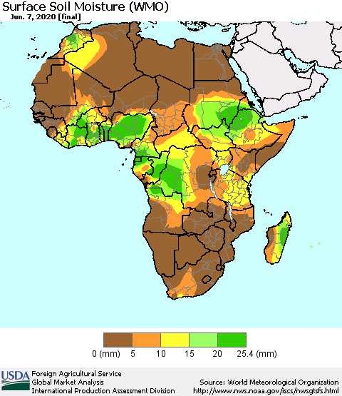 Africa Surface Soil Moisture (WMO) Thematic Map For 6/1/2020 - 6/7/2020
