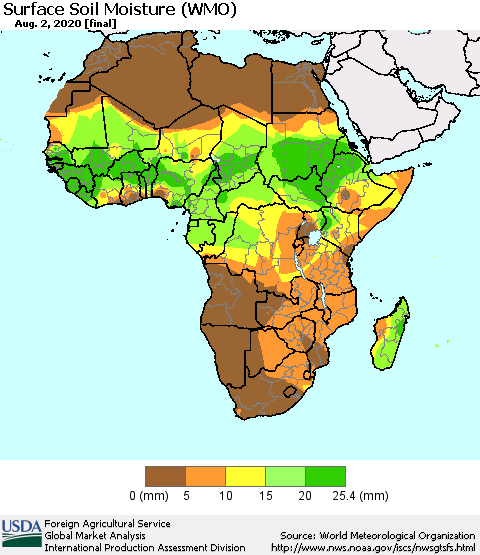 Africa Surface Soil Moisture (WMO) Thematic Map For 7/27/2020 - 8/2/2020