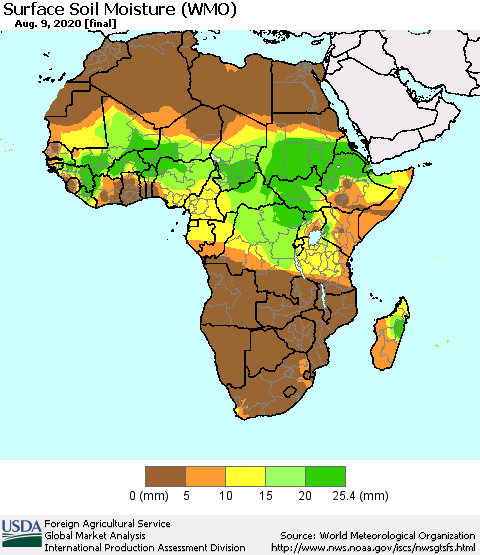 Africa Surface Soil Moisture (WMO) Thematic Map For 8/3/2020 - 8/9/2020