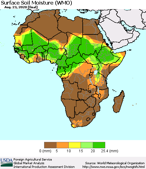 Africa Surface Soil Moisture (WMO) Thematic Map For 8/17/2020 - 8/23/2020
