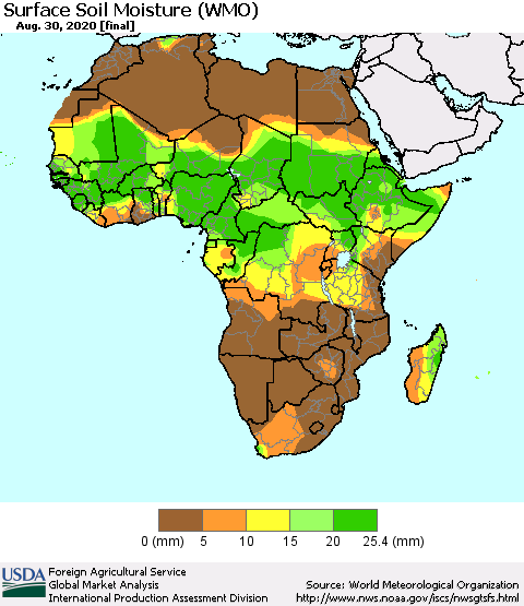 Africa Surface Soil Moisture (WMO) Thematic Map For 8/24/2020 - 8/30/2020