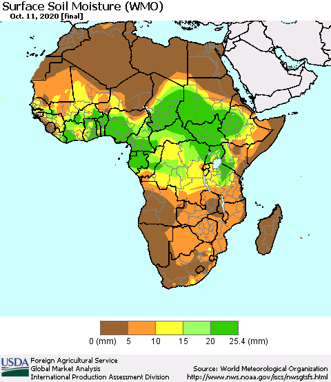 Africa Surface Soil Moisture (WMO) Thematic Map For 10/5/2020 - 10/11/2020